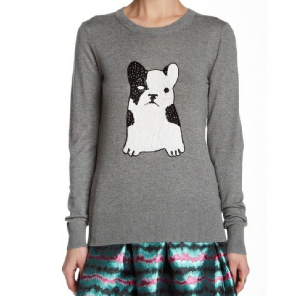 French Connection Fleece Sweatshirt Bulldog Embroidered Crewneck Sweater - Picture 15 of 15